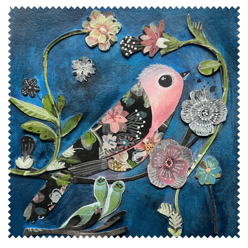 Chiffonnette microfibre oiseau en papier découpé collage illustration florale bleue rose
