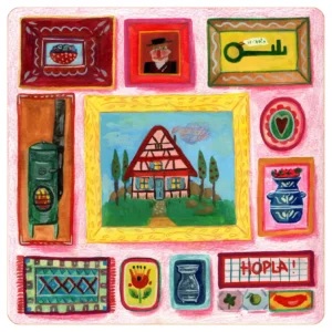 Illustration Alsapop d'une maison alsacienne à colombages dans un cadre jaune, entourée de petits tableaux représentant des symboles de l'Alsace comme un poêle kachelofe et une pancarte Hopla.