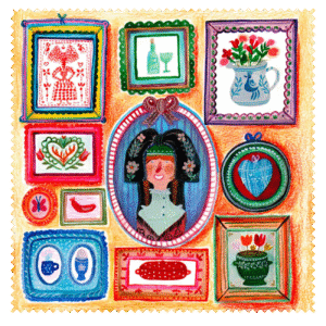 Chiffonnette microfibre Alsace Pop illustration femme à la coiffe alsacienne traditionnelle entourée de symboles alsacien broderie vin