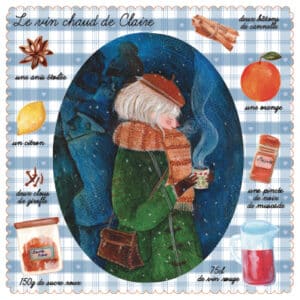Carte postale Le vin chaud de Claire – illustration 14x14 avec recette, épices, vin chaud et scène hivernale, papeterie gourmande collection Miam