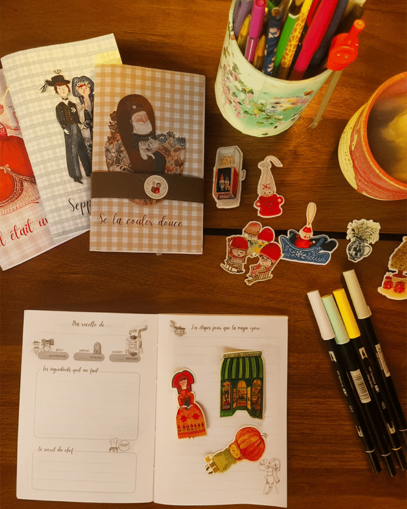des carnets et des stickers sur une table