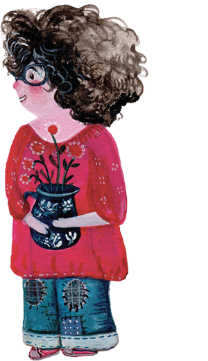 Portrait illustré de Mélanie, boucles brunes et lunettes, un vase fleuri dans les bras
